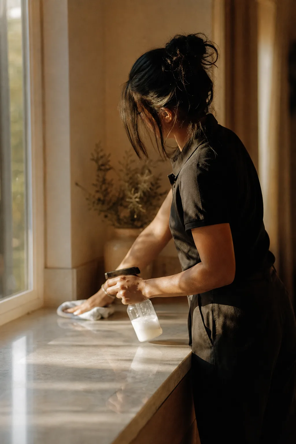 A home cleaning professional at work in a bright interior